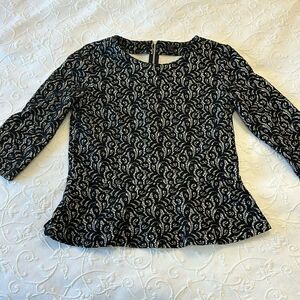 J. Crew Women's Size Small Black Lace 3/4 Quarter Length Sleeve Peplum Top‎ Sz S